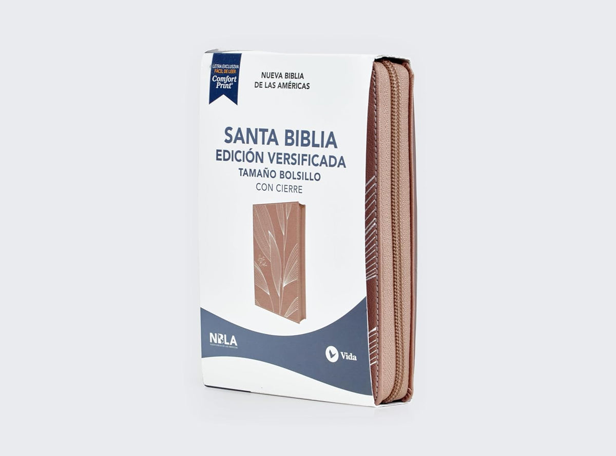 NBLA Santa Biblia Edicion Versificada| Tamaño bolsillo| Leathersoft| Oro Rosa con cierre,