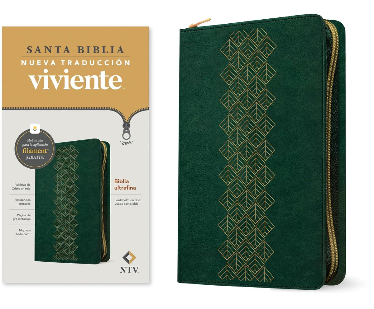 Biblia Ultrafina NTV de zíper: con Filament | SentiPiel Verde esmeralda