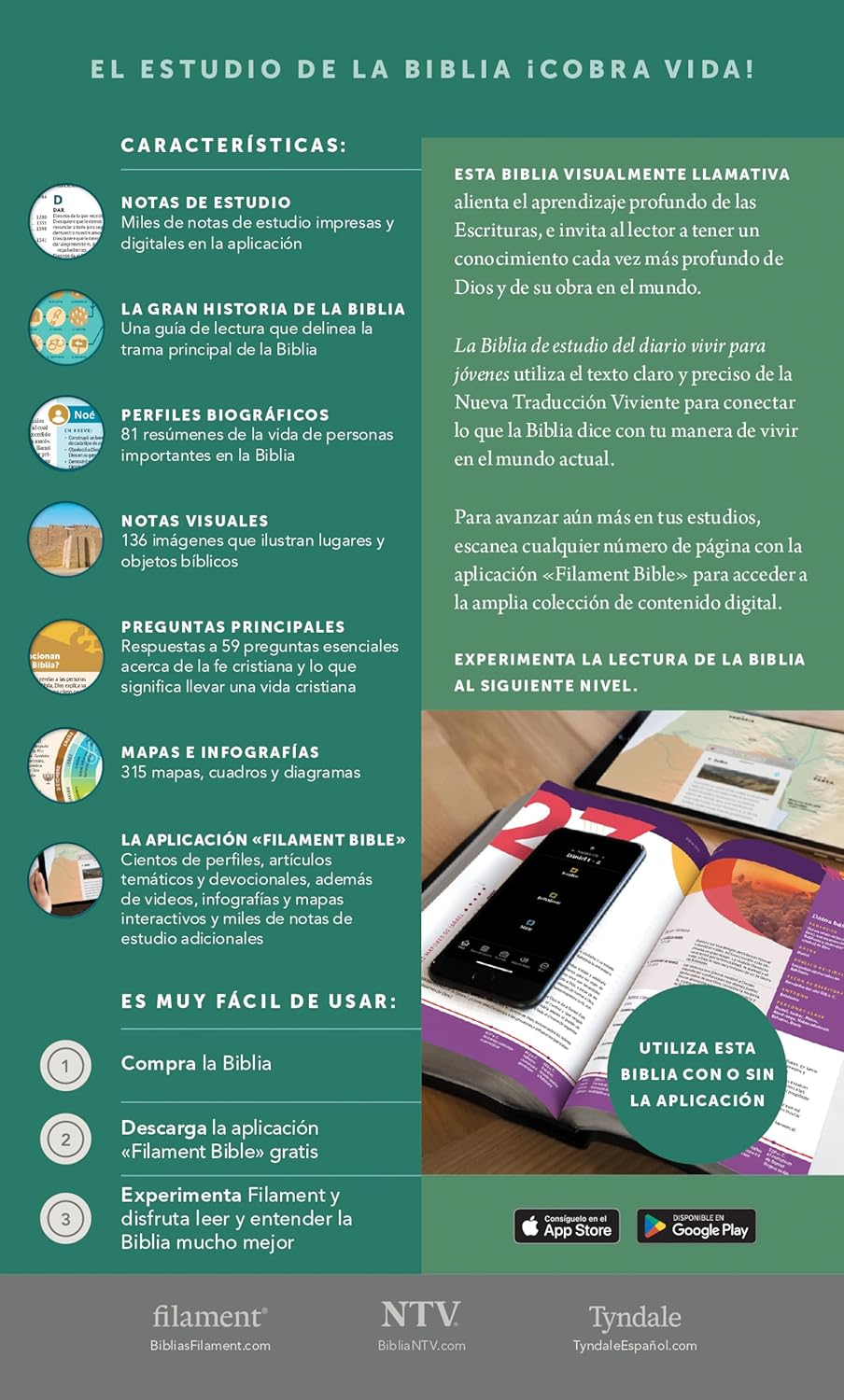Biblia de estudio del Diario Vivir para Jóvenes NTV: con Filament | Tapa dura Verde